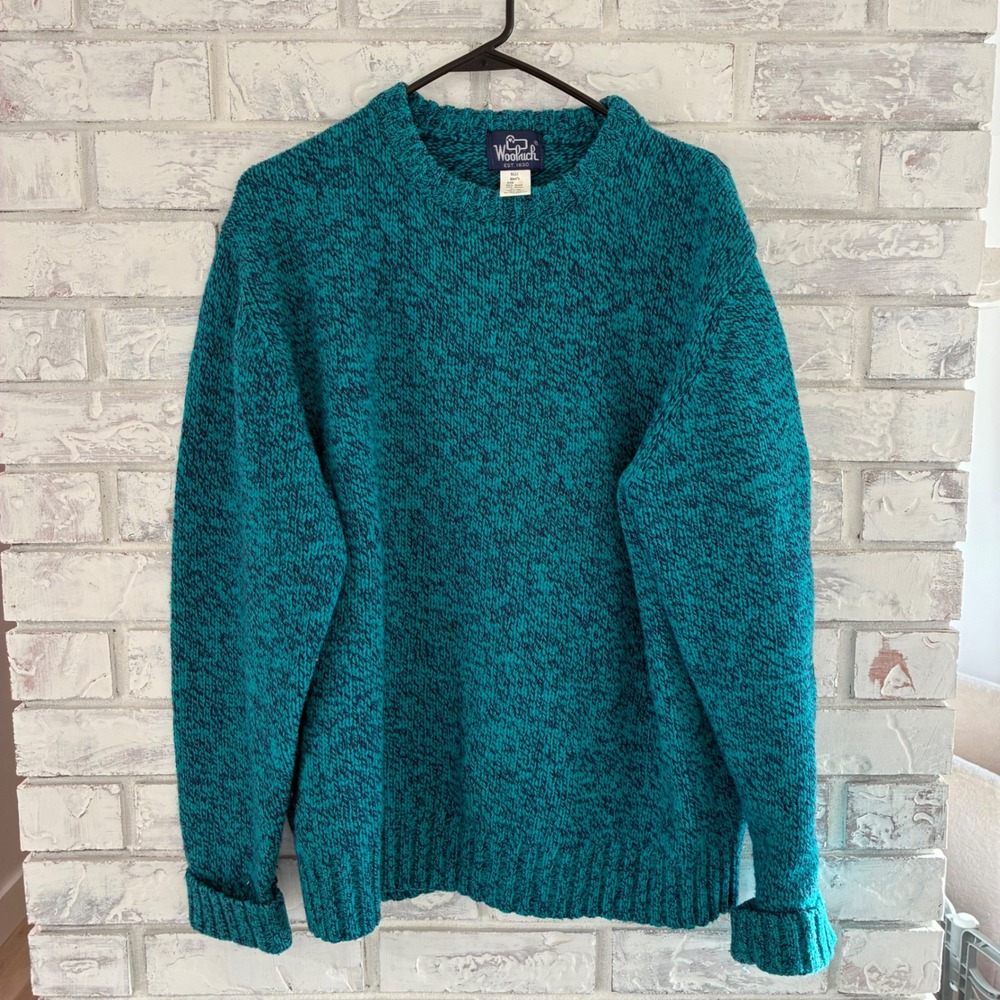 Vintage Woolrich 9111 Ragg Wool Sweater Mens L Teal Black Crewneck 85% Wool